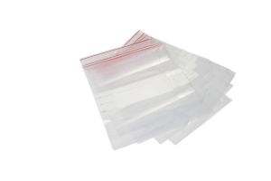 Sacos plásticos p/ recolha c/ fecho zip c/ zona escrita (100 un, 160mm x 220mm)